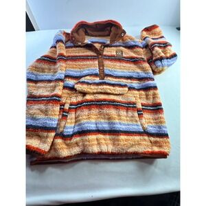 VQIZ Striped Sherpa Fleece Pullover Mens Large Orange Purple Snap Neck Mock